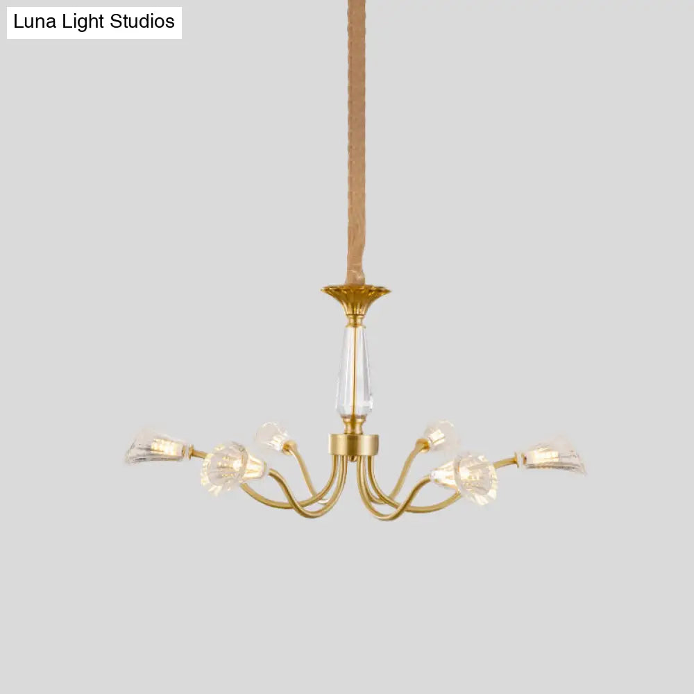 Postmodern Gold Ribbed Crystal Cone Chandelier - 6-Head Burst Design Hanging Light Fixture