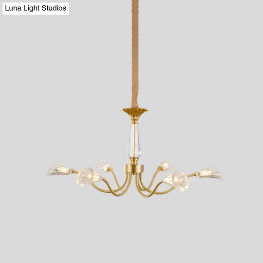 Postmodern Gold Ribbed Crystal Cone Chandelier - 6-Head Burst Design Hanging Light Fixture