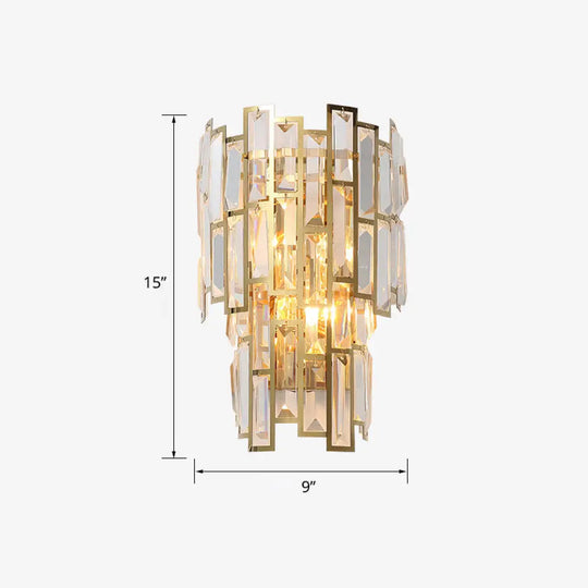 Postmodern Gold Sconce With Crystal Rectangle Shade - 2 Bulbs Living Room Wall Lamp