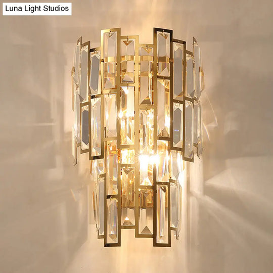 Postmodern Gold Sconce With Crystal Rectangle Shade - 2 Bulbs Living Room Wall Lamp