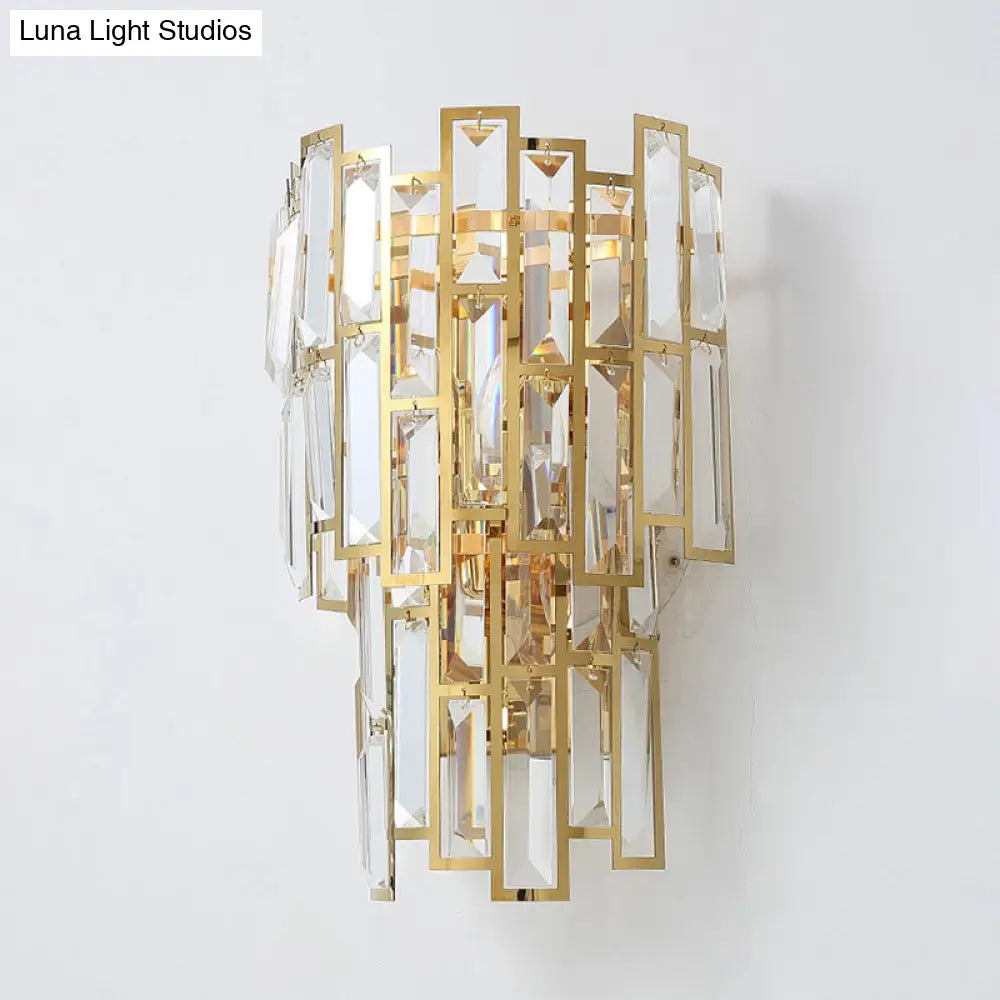 Postmodern Gold Sconce With Crystal Rectangle Shade - 2 Bulbs Living Room Wall Lamp