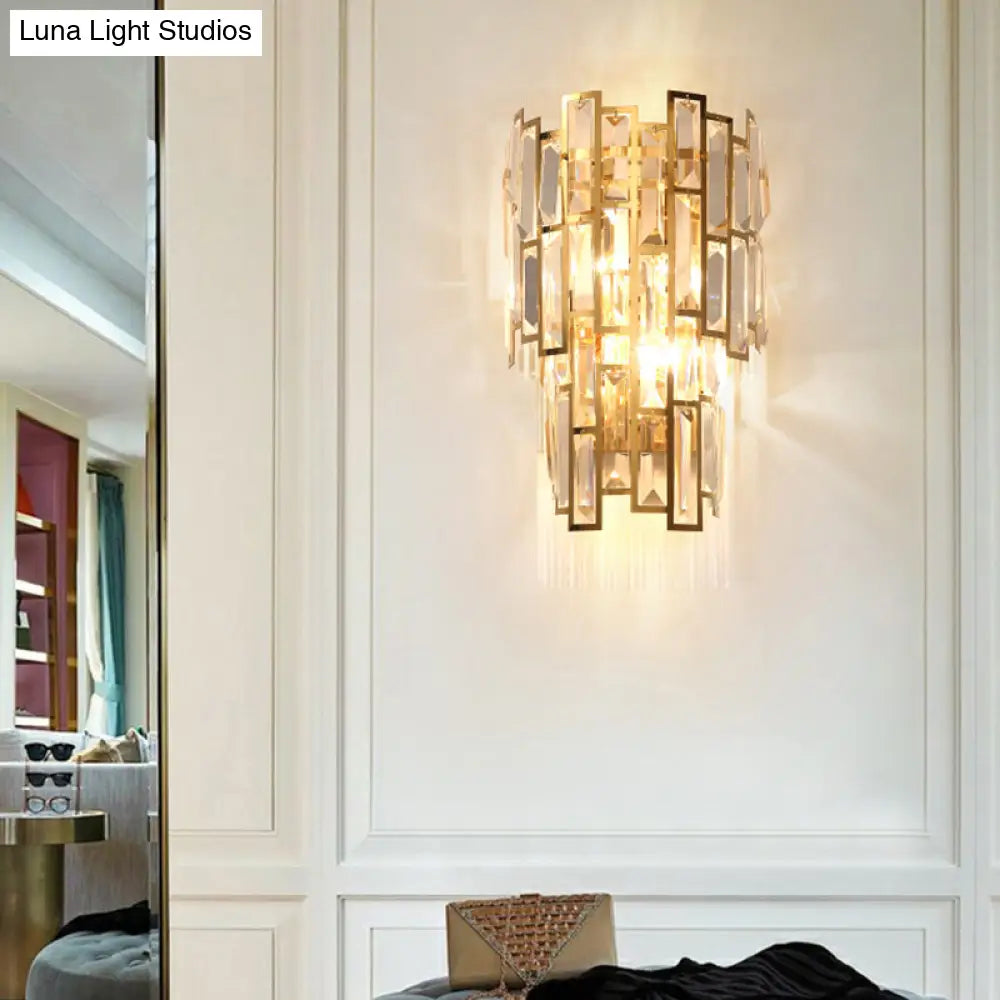 Postmodern Gold Sconce With Crystal Rectangle Shade - 2 Bulbs Living Room Wall Lamp