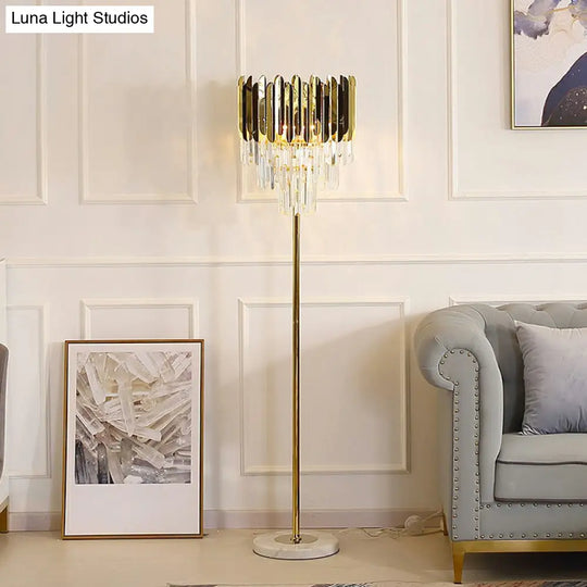 Postmodern Gold Taper Floor Lamp With 3-Light Prismatic Crystal For Living Room