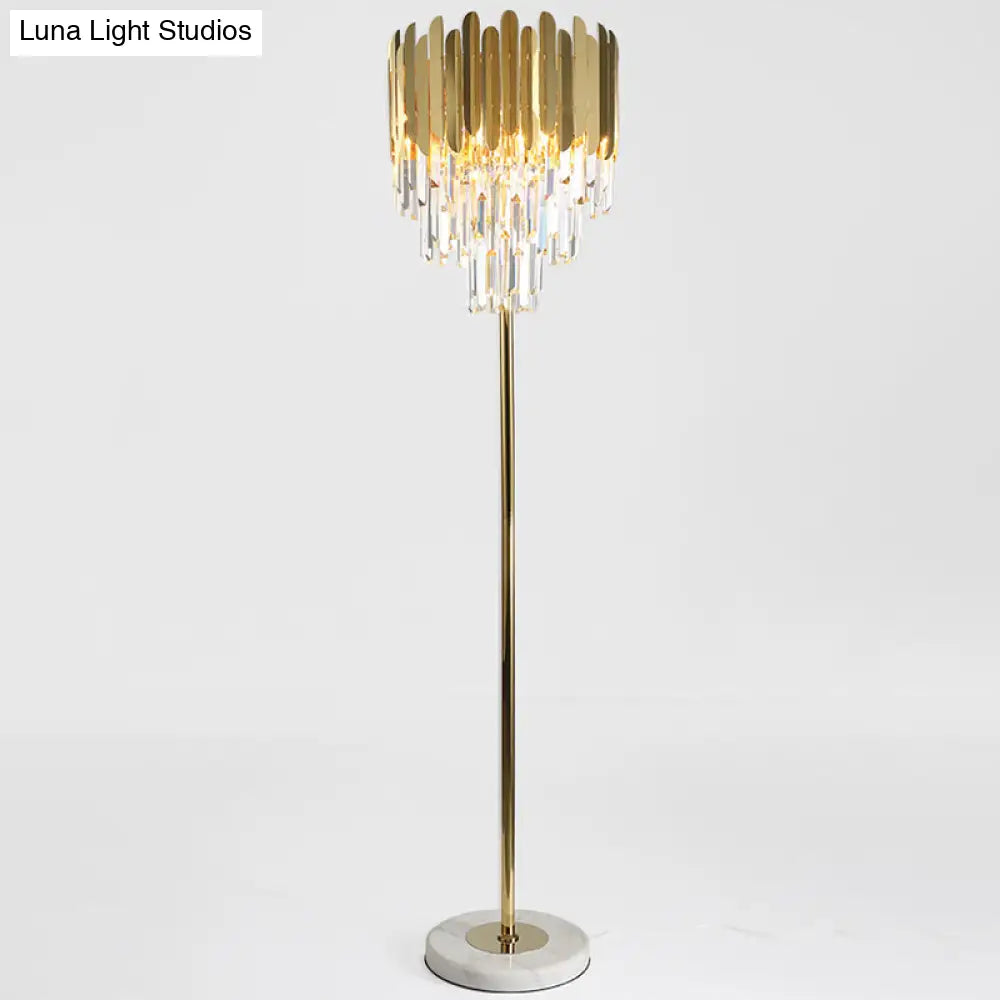 Postmodern Gold Taper Floor Lamp With 3-Light Prismatic Crystal For Living Room