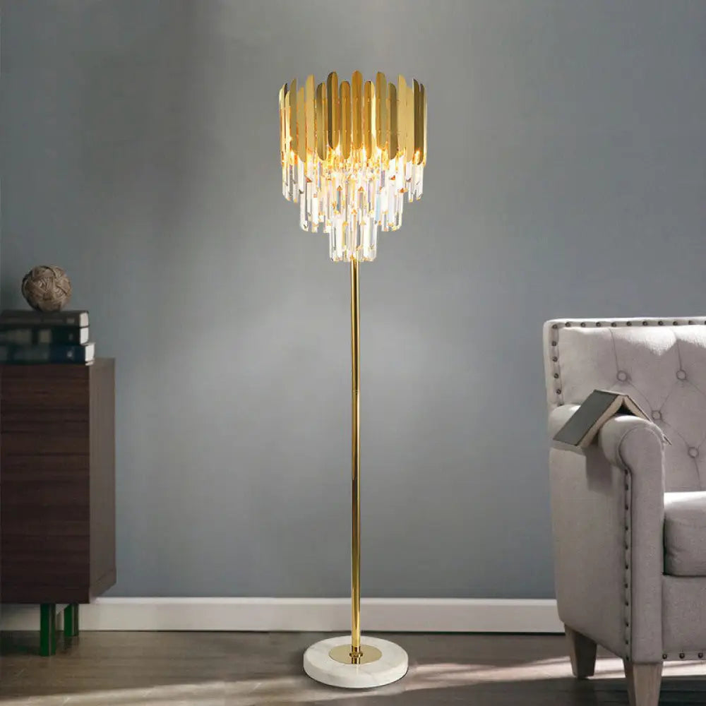 Postmodern Gold Taper Floor Lamp With 3-Light Prismatic Crystal For Living Room