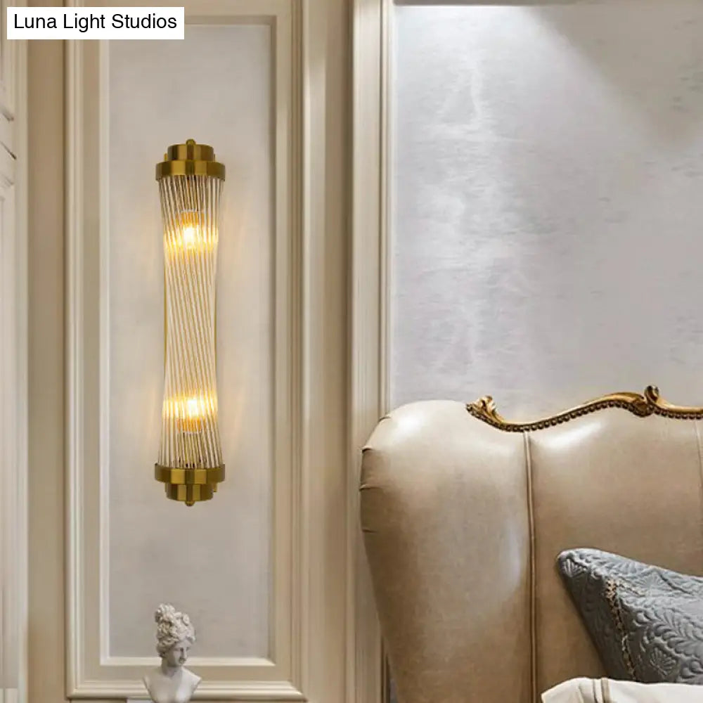 Postmodern Gold Wall Sconce With Clear Fluted Glass - 2 Lights Tubular Design