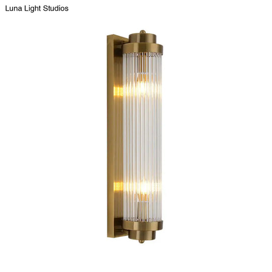 Postmodern Gold Wall Sconce With Clear Fluted Glass - 2 Lights Tubular Design