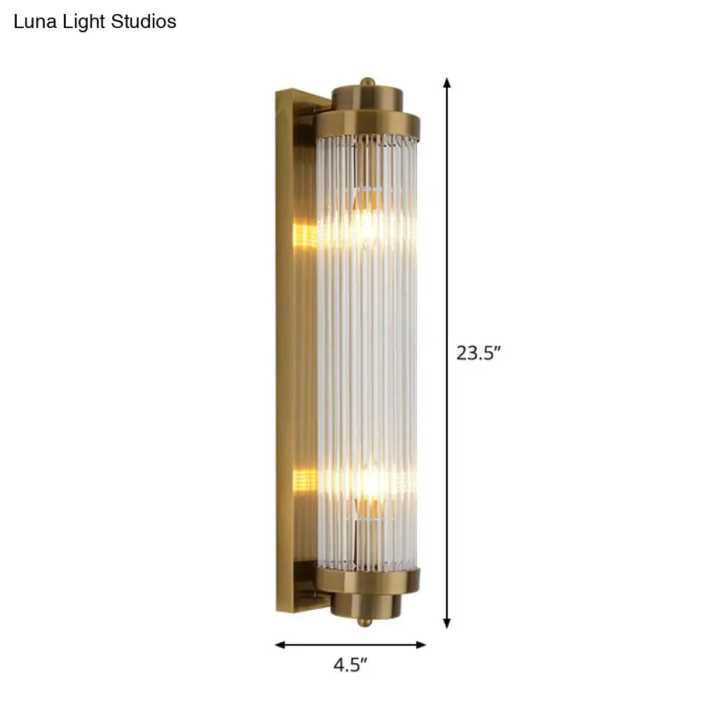 Postmodern Gold Wall Sconce With Clear Fluted Glass - 2 Lights Tubular Design