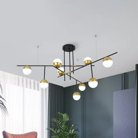 Postmodern Hanging Chandelier With Cream Ball Glass Shade - Black/Gold Finish 1/3-Tier 3/9 Bulbs 9