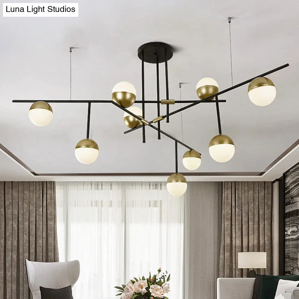 Postmodern Hanging Chandelier With Cream Ball Glass Shade - Black/Gold Finish 1/3-Tier 3/9 Bulbs