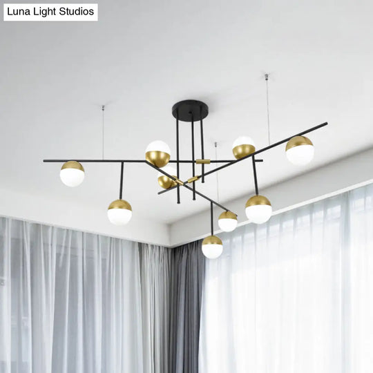 Postmodern Hanging Chandelier With Cream Ball Glass Shade - Black/Gold Finish 1/3-Tier 3/9 Bulbs