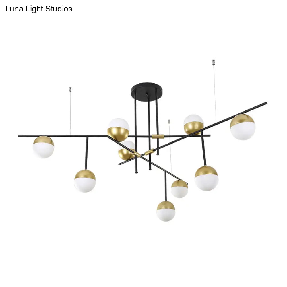 Postmodern Hanging Chandelier With Cream Ball Glass Shade - Black/Gold Finish 1/3-Tier 3/9 Bulbs