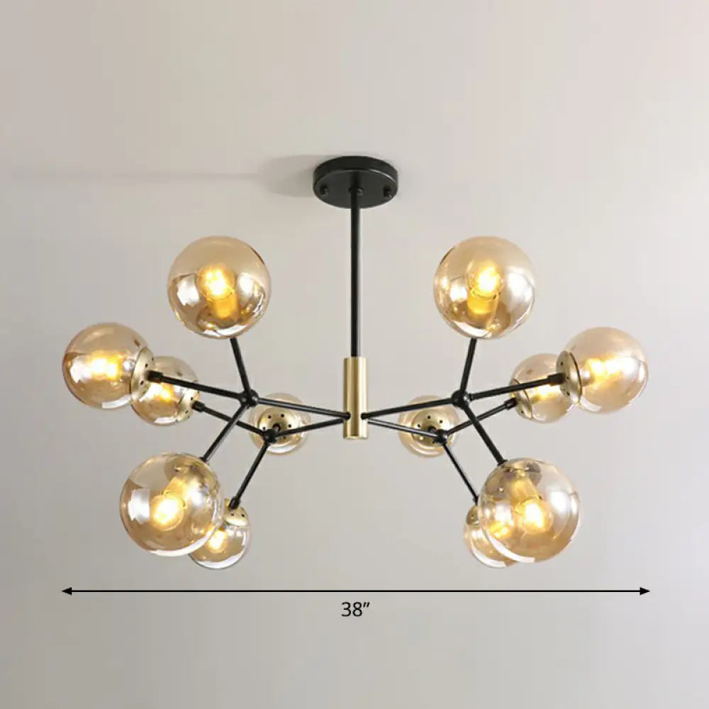 Postmodern Hanging Light Ball Glass Chandelier For Bedroom In Black And Brass 12 / Amber