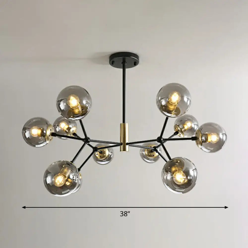 Postmodern Hanging Light Ball Glass Chandelier For Bedroom In Black And Brass 12 / Smoke Gray