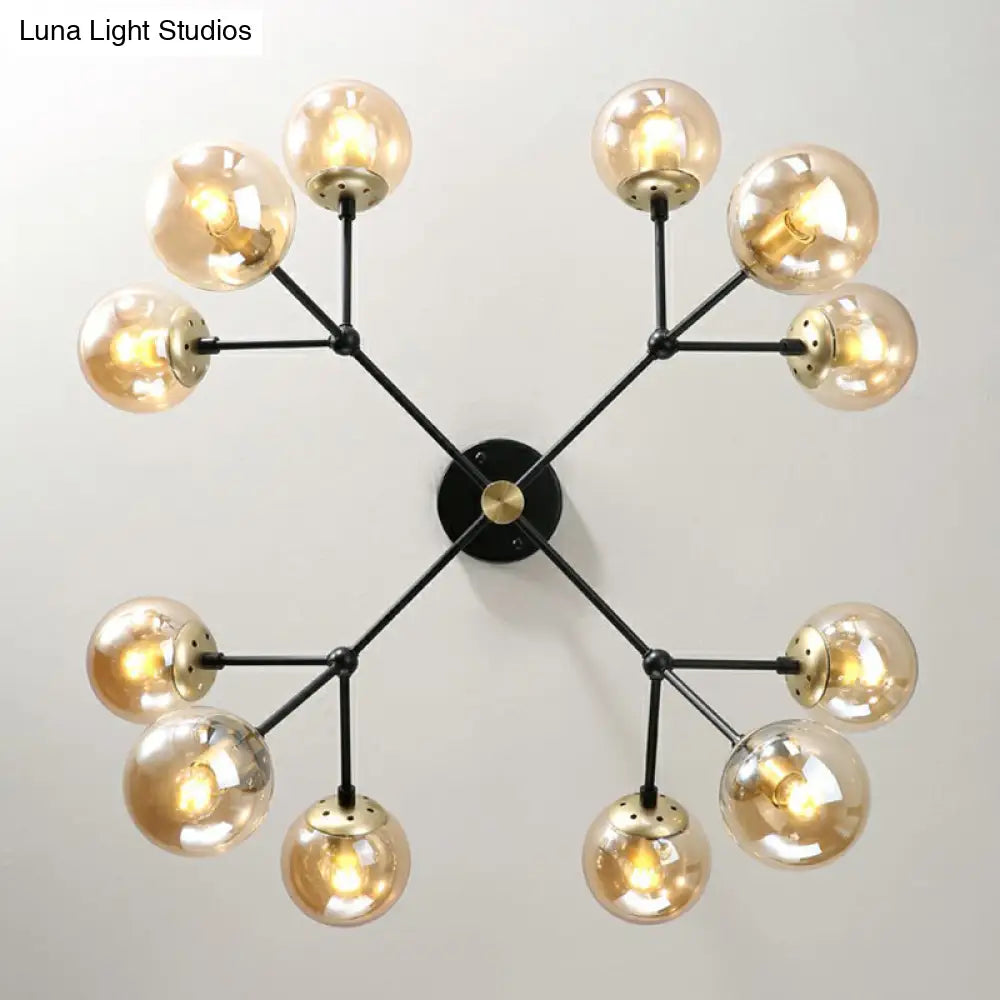 Postmodern Hanging Light Ball Glass Chandelier For Bedroom In Black And Brass