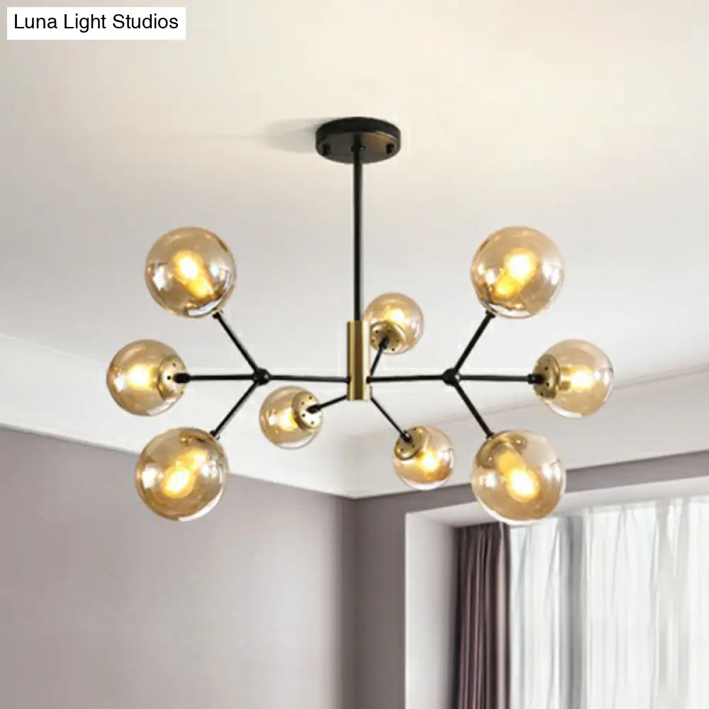 Postmodern Hanging Light Ball Glass Chandelier For Bedroom In Black And Brass