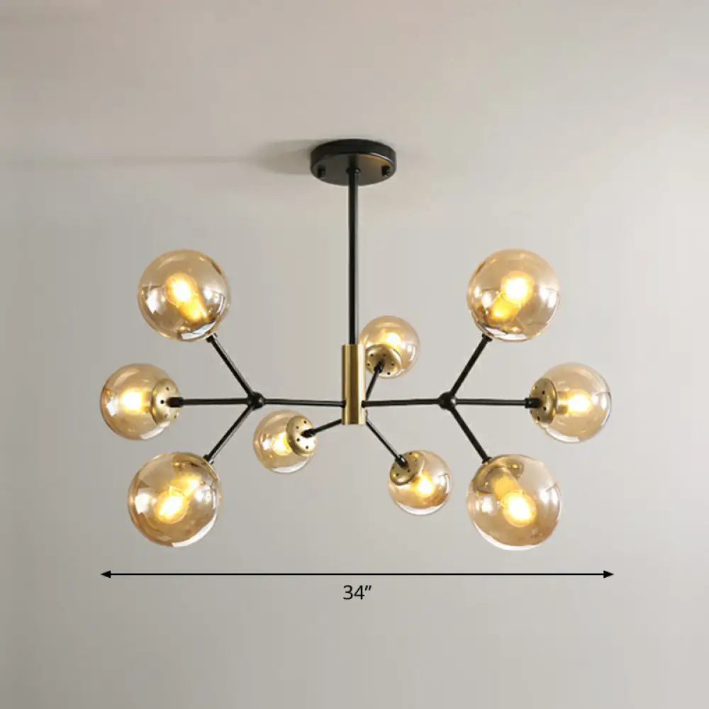 Postmodern Hanging Light Ball Glass Chandelier For Bedroom In Black And Brass 9 / Amber