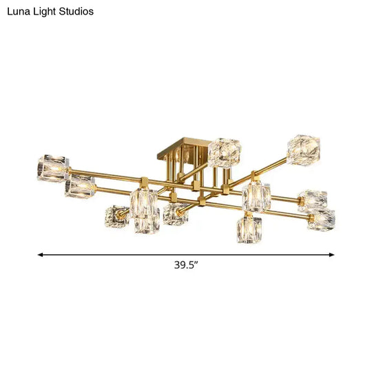 Postmodern Ice Cube Crystal Brass Flush Mounted Light With Multiple Heads - 12/16