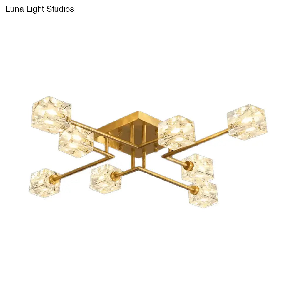 Postmodern Ice Cube Crystal Brass Flush Mounted Light With Multiple Heads - 12/16 8 /