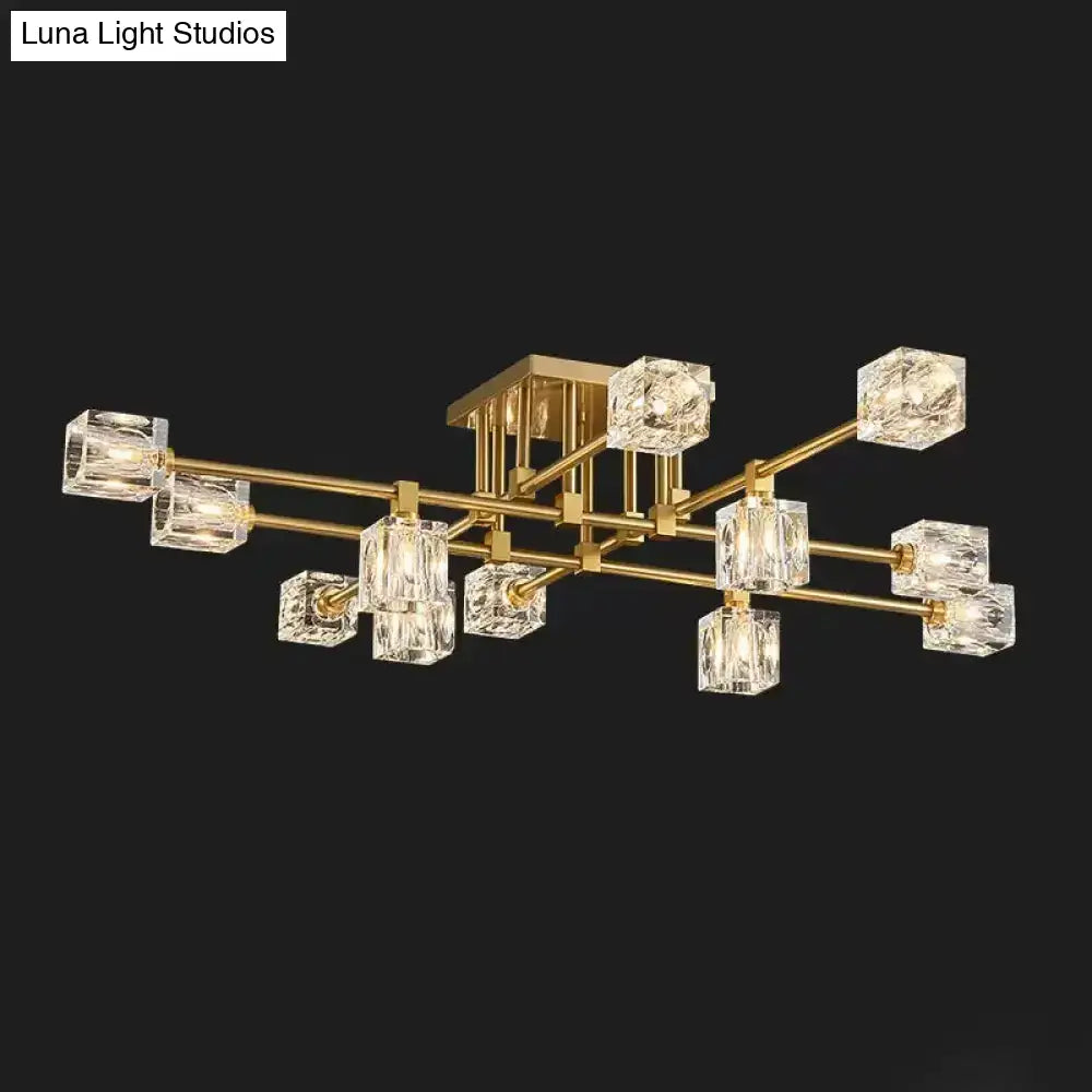 Postmodern Ice Cube Crystal Brass Flush Mounted Light With Multiple Heads - 12/16