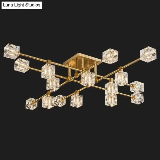 Postmodern Ice Cube Crystal Brass Flush Mounted Light With Multiple Heads - 12/16