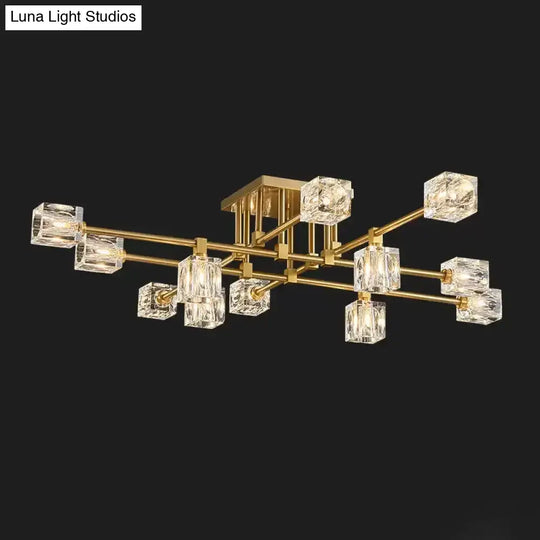 Postmodern Ice Cube Crystal Brass Flush Mounted Light With Multiple Heads - 12/16