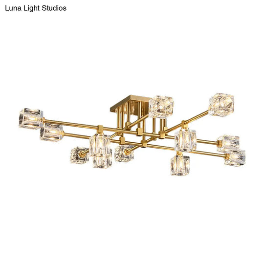 Postmodern Ice Cube Crystal Brass Flush Mounted Light With Multiple Heads - 12/16