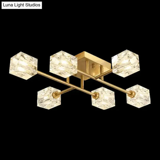 Postmodern Ice Cube Crystal Brass Flush Mounted Light With Multiple Heads - 12/16