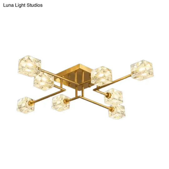 Postmodern Ice Cube Crystal Brass Flush Mounted Light With Multiple Heads - 12/16