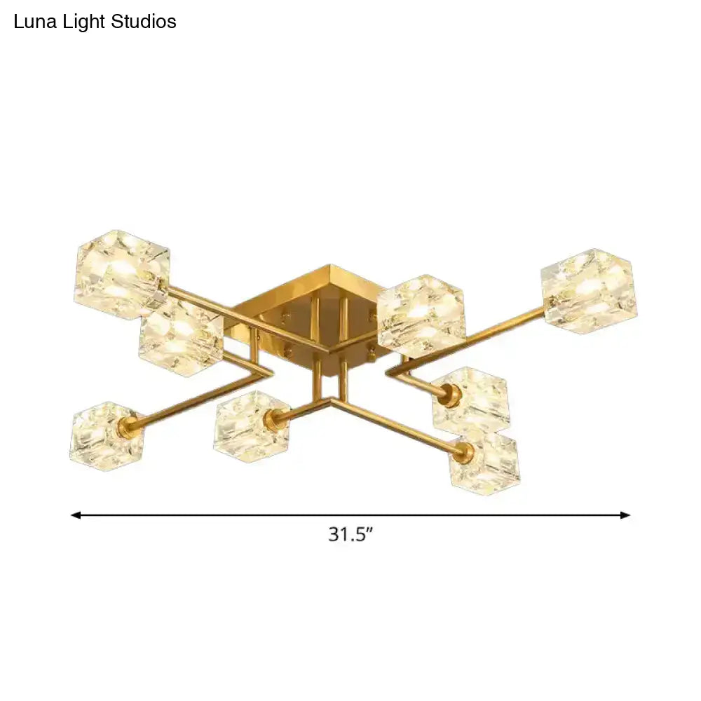 Postmodern Ice Cube Crystal Brass Flush Mounted Light With Multiple Heads - 12/16