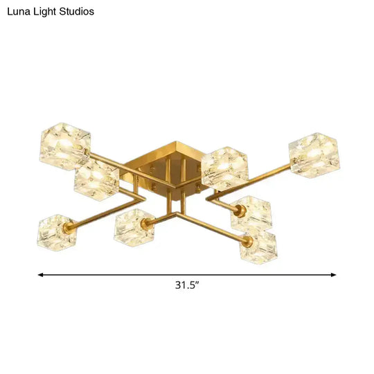 Postmodern Ice Cube Crystal Brass Flush Mounted Light With Multiple Heads - 12/16