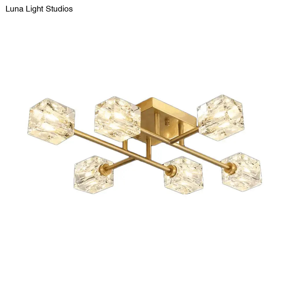 Postmodern Ice Cube Crystal Brass Flush Mounted Light With Multiple Heads - 12/16