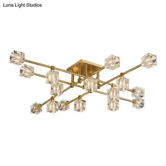 Postmodern Ice Cube Crystal Brass Flush Mounted Light With Multiple Heads - 12/16