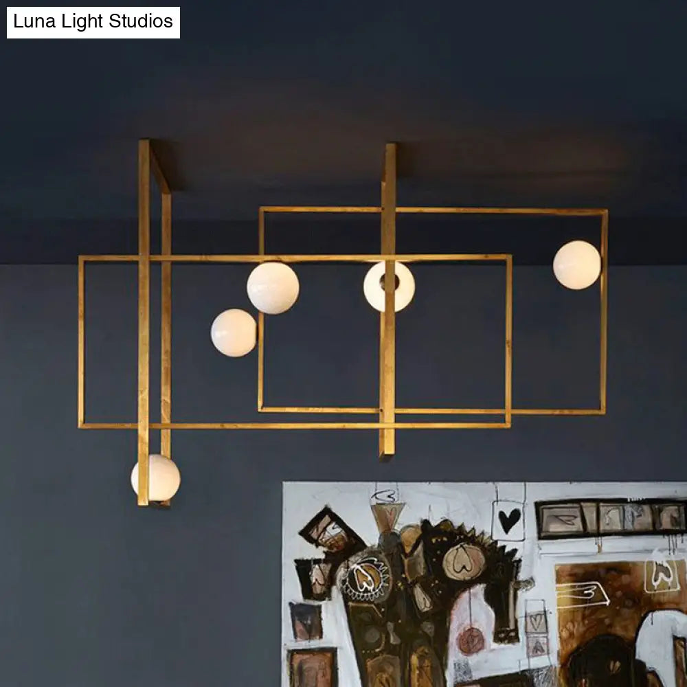 Postmodern Interlocking 5-Head Semi Flush Gold Ceiling Lamp With Orb Glass Shade