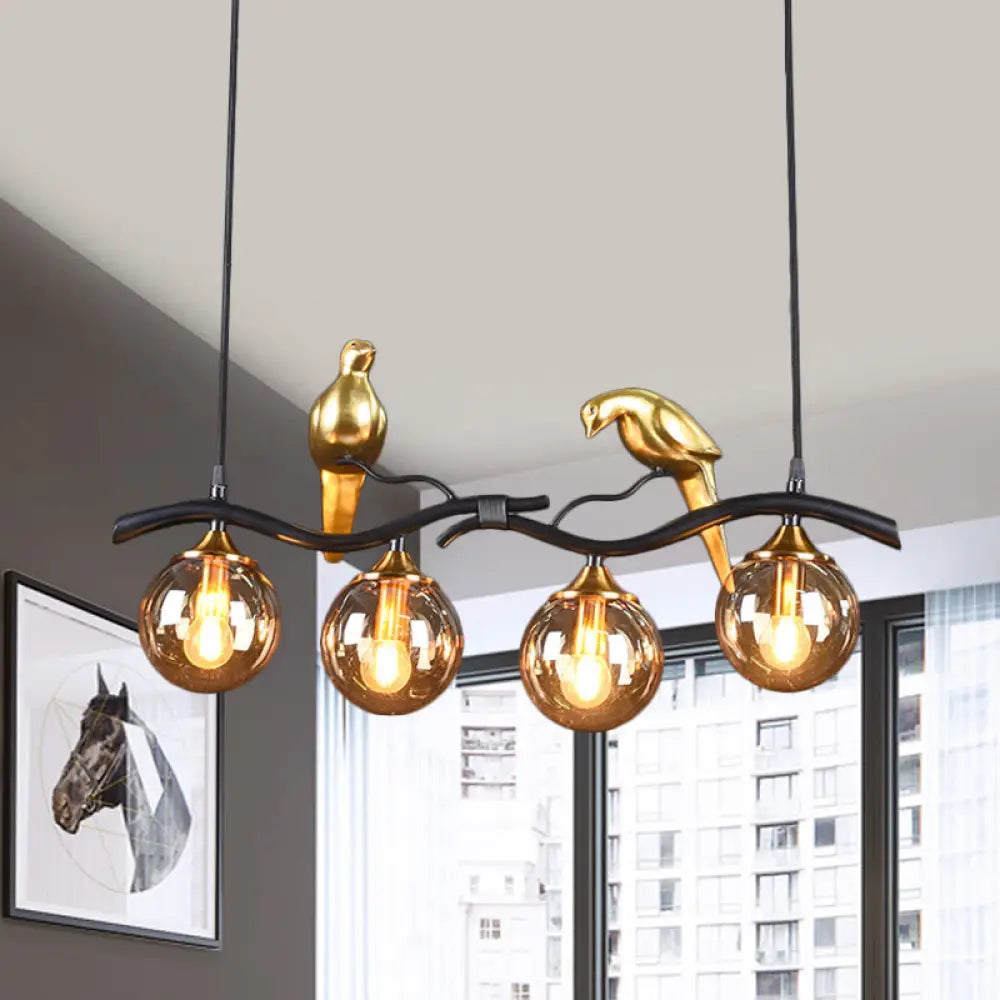 Postmodern Iron Pendant Light With 4-Lights Black/Gold Finish Amber Ball Glass Shade Bird Deco -