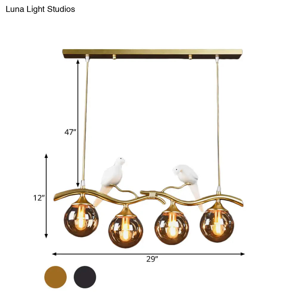 Postmodern Iron Pendant Light With 4-Lights Black/Gold Finish Amber Ball Glass Shade Bird Deco -