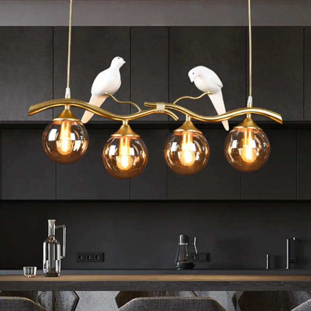 Postmodern Iron Pendant Light With 4-Lights Black/Gold Finish Amber Ball Glass Shade Bird Deco -