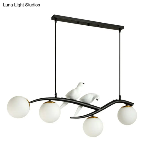Postmodern Island Lamp Tree Branch Hanging Light With Glass Shades And Bird Deco 4-Bulb Design