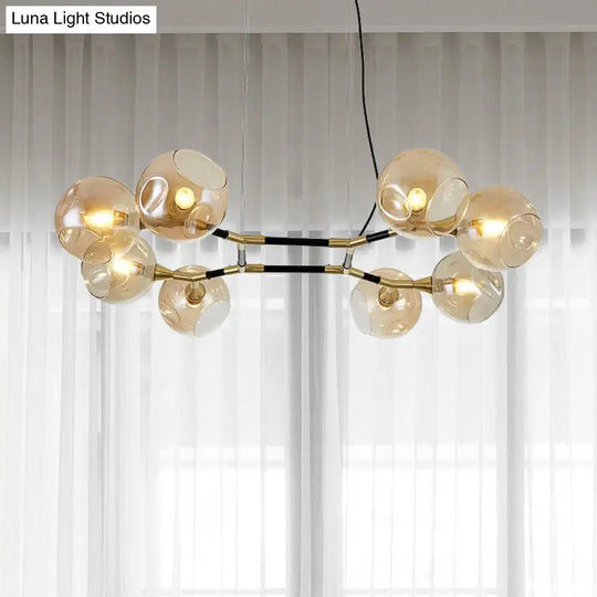 Postmodern Island Lighting: Amber Ball Pendant Lamp With Adjustable Cord - 8 Lights Glass