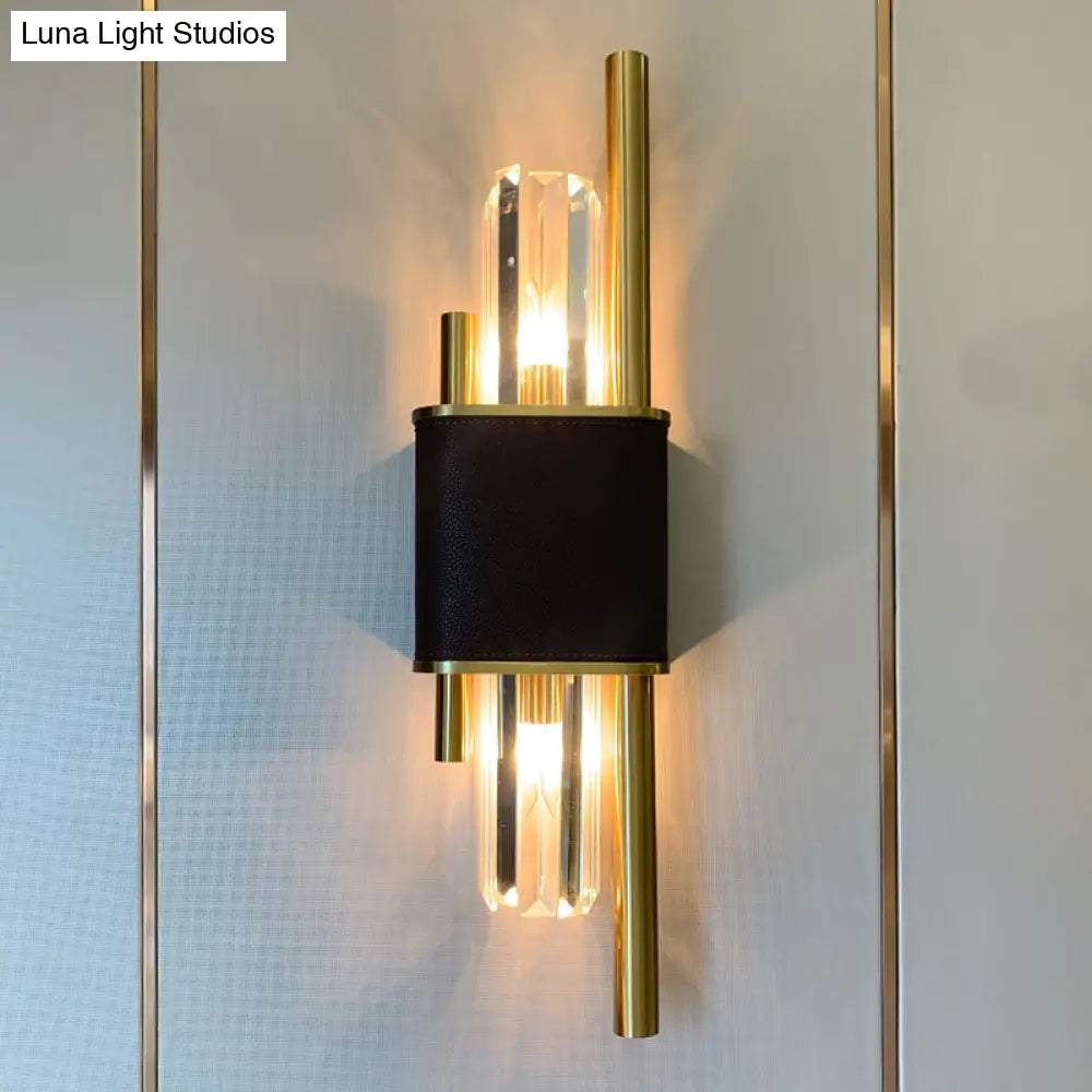 Postmodern K9 Crystal Wall Light Fixture - 2-Head Black-Brass Sconce For Living Room