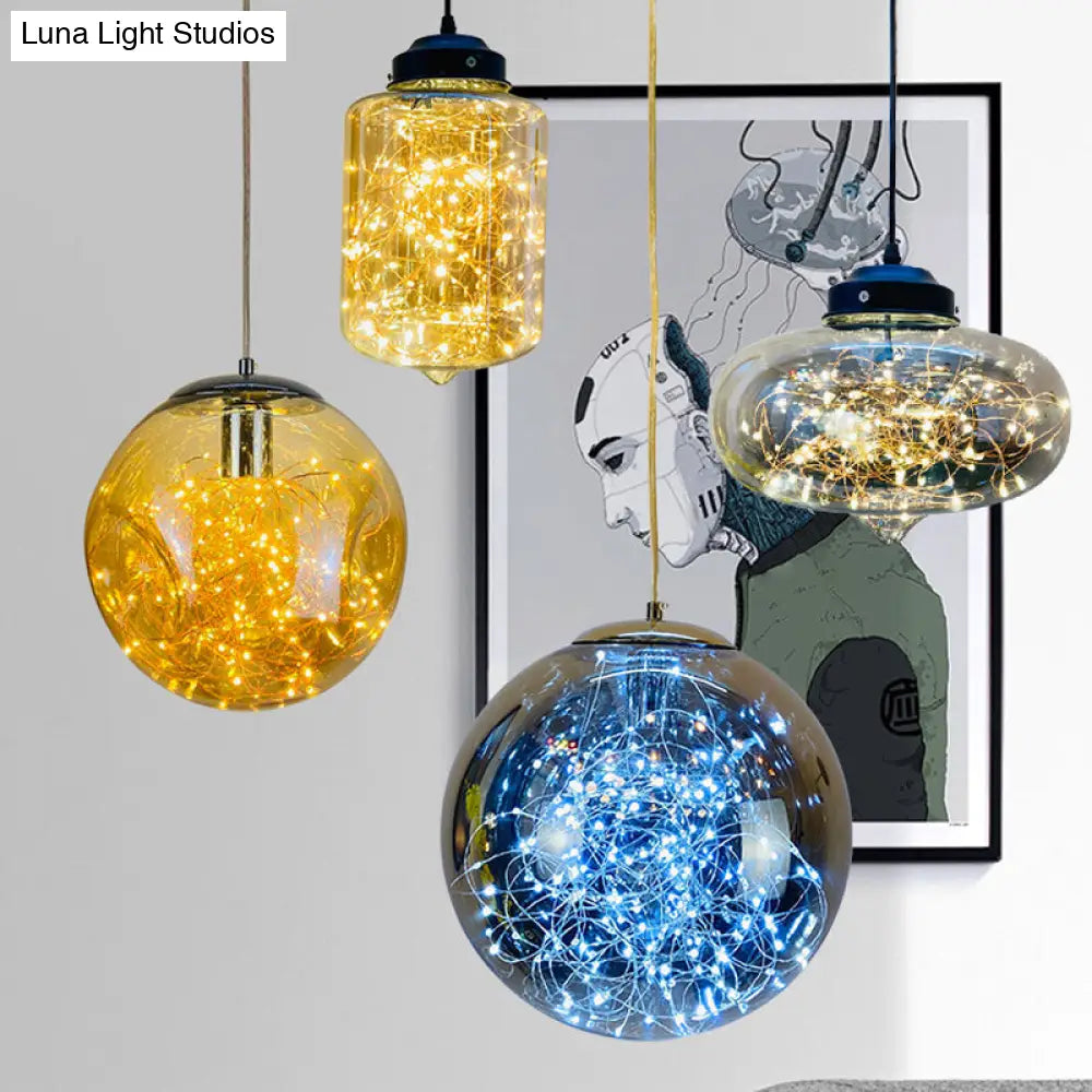 Postmodern Smoke Grey Glass Led Pendant Lamp Ideal For Dining Room - Sphere/Cylinder/Oval Shape