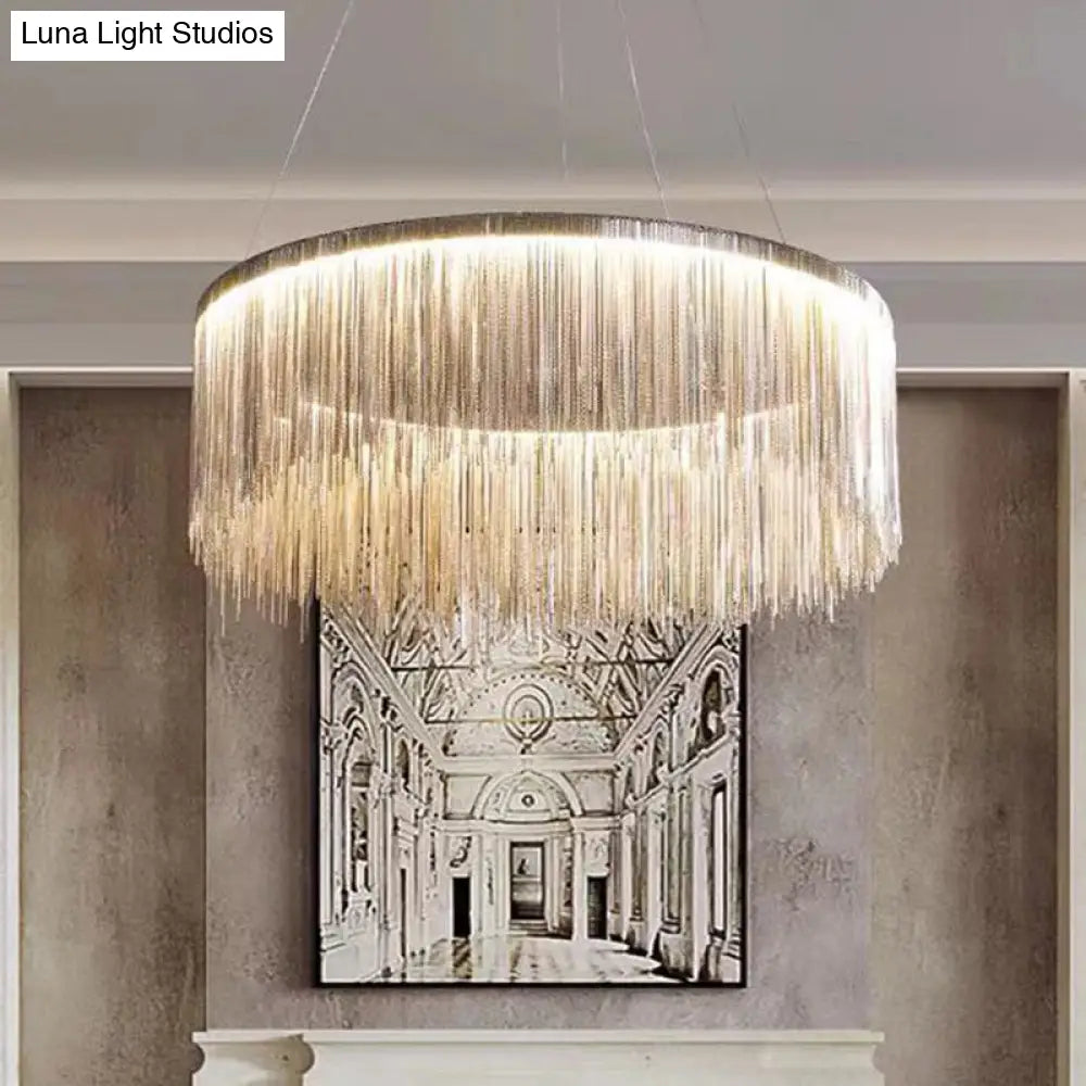 Postmodern Circular Chain Aluminum Led Ceiling Chandelier - Elegant Living Room Light Fixture Silver