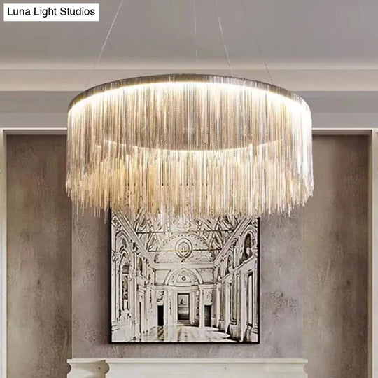 Postmodern Circular Chain Aluminum Led Ceiling Chandelier - Elegant Living Room Light Fixture Silver