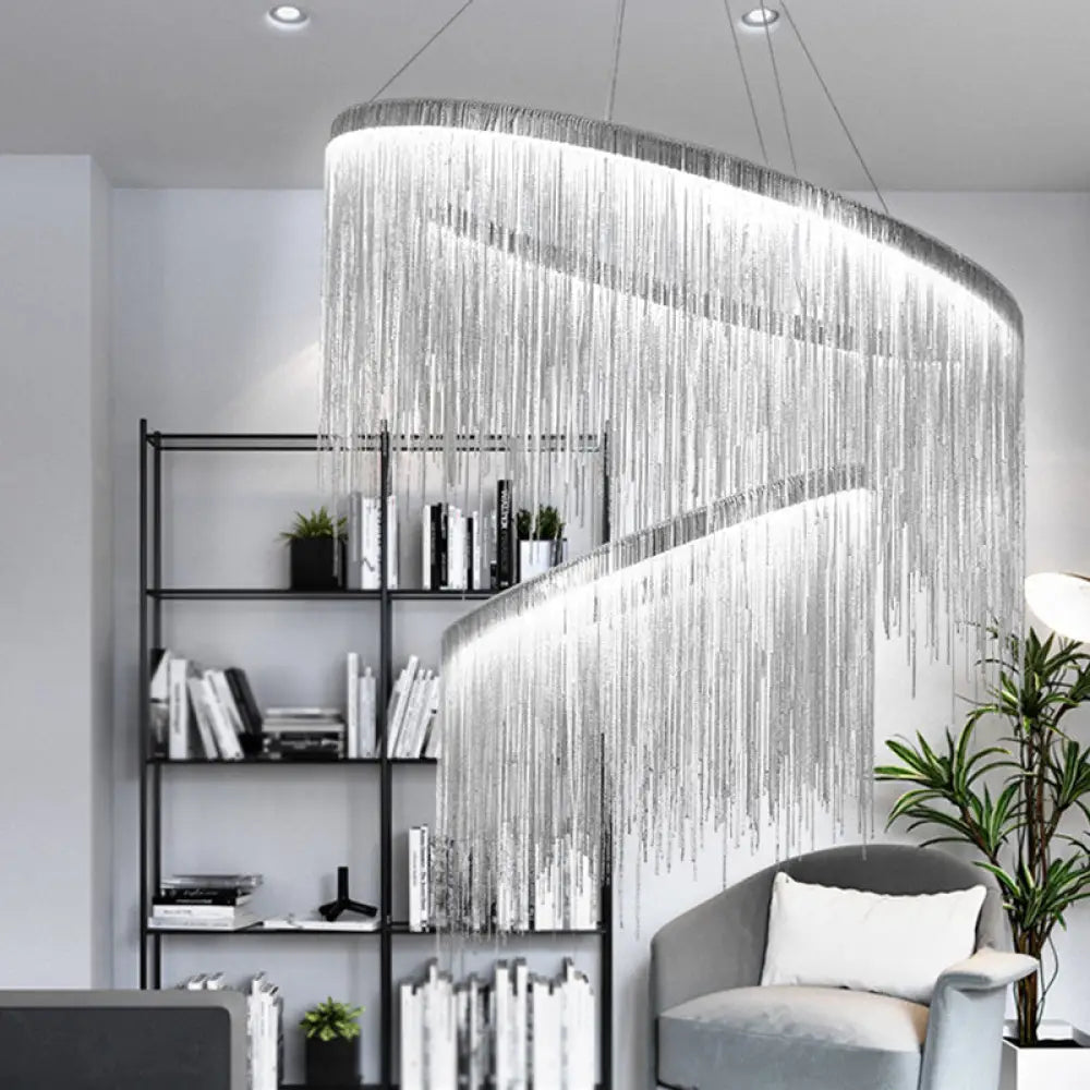 Postmodern Led Chandelier: Aluminum Chainlet Pendant Light For Living Room Silver