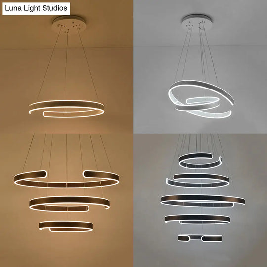 Postmodern Led Suspension Light With Acrylic Shade - 1/2/3-Light Brown/White Ring Chandelier Pendant