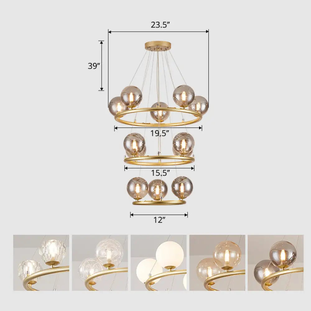 Postmodern Metal Chandelier With Ball Glass Shade 12 / Gold