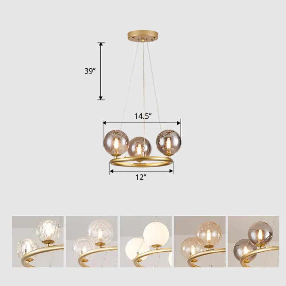 Postmodern Metal Chandelier With Ball Glass Shade 3 / Gold
