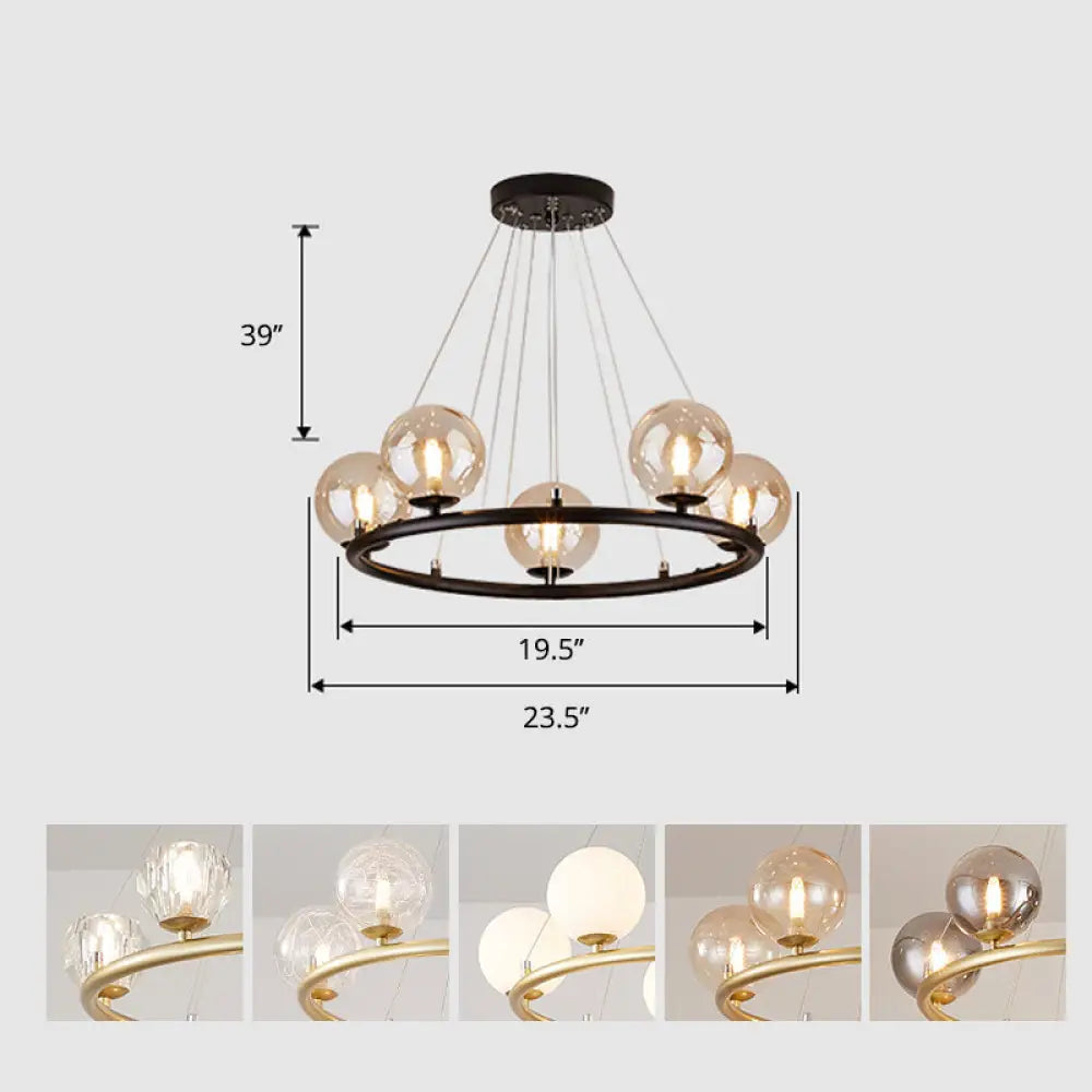 Postmodern Metal Chandelier With Ball Glass Shade 5 / Black