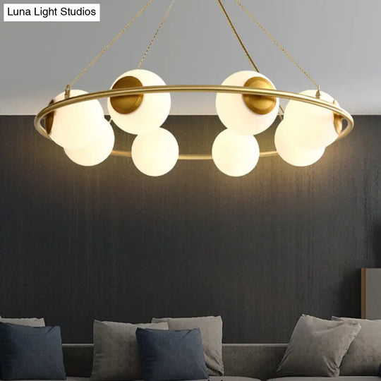 Postmodern Metal Chandelier With Globe Frosted Glass Shades - 6/8 Lights Brass Hanging Lamp