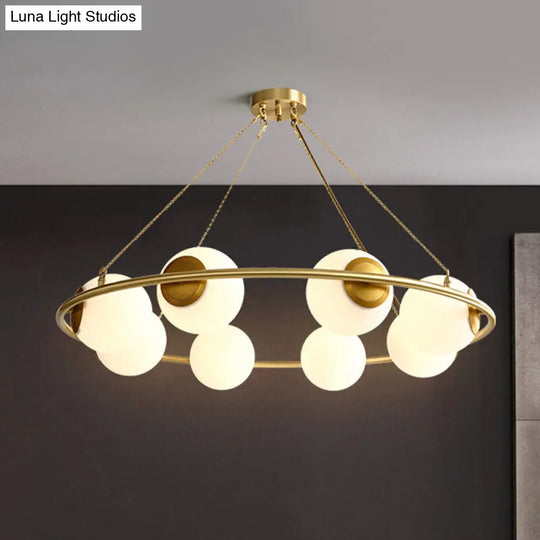 Postmodern Metal Chandelier With Globe Frosted Glass Shades - 6/8 Lights Brass Hanging Lamp 8 /